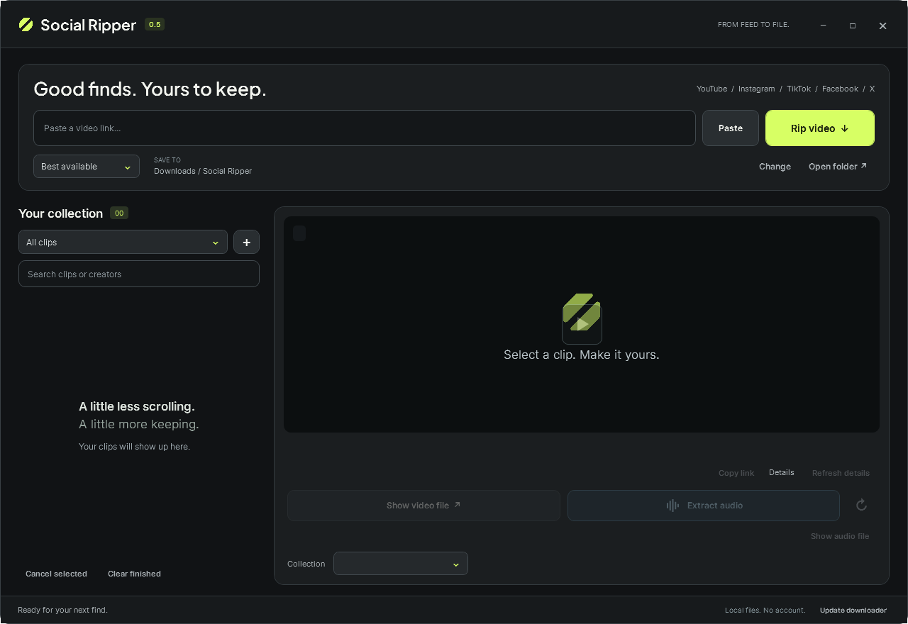 Actual Social Ripper Windows interface with a video link field, collections, clip preview and Extract audio button.